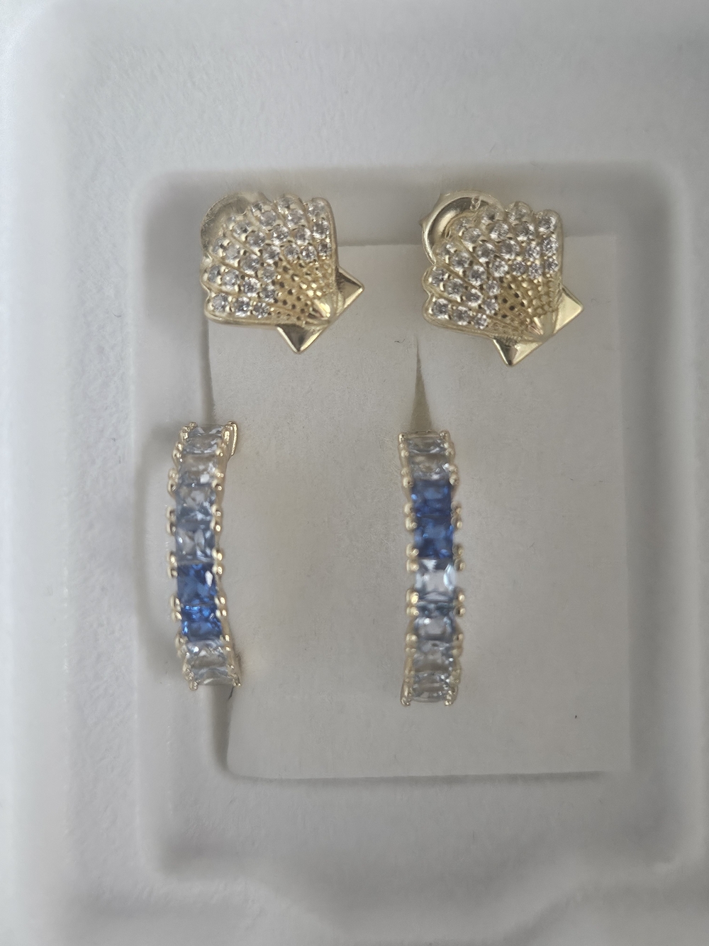 Gold-Tone Blue Crystal Hoop and Shell Stud Earring Set